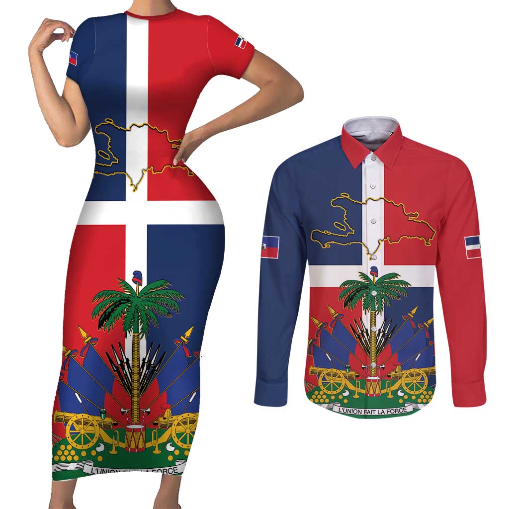 Hispaniola Map Couples Matching Short Sleeve Bodycon Dress and Long Sleeve Button Shirt Dominican Republic Haiti Flag Together