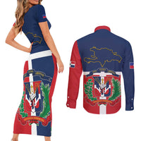 Hispaniola Map Couples Matching Short Sleeve Bodycon Dress and Long Sleeve Button Shirt Dominican Republic Haiti Flag Together