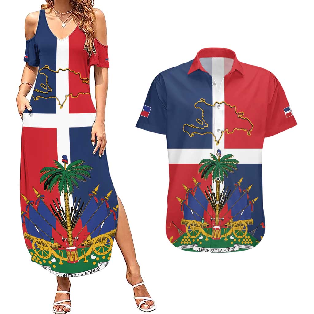 Hispaniola Map Couples Matching Summer Maxi Dress and Hawaiian Shirt Dominican Republic Haiti Flag Together