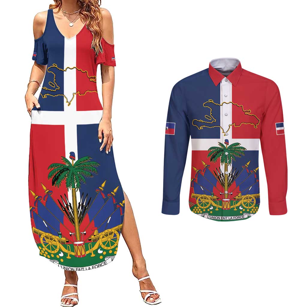 Hispaniola Map Couples Matching Summer Maxi Dress and Long Sleeve Button Shirt Dominican Republic Haiti Flag Together
