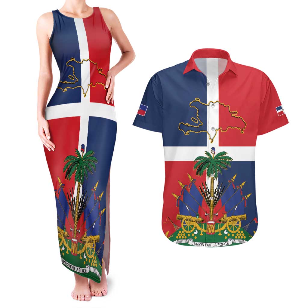 Hispaniola Map Couples Matching Tank Maxi Dress and Hawaiian Shirt Dominican Republic Haiti Flag Together