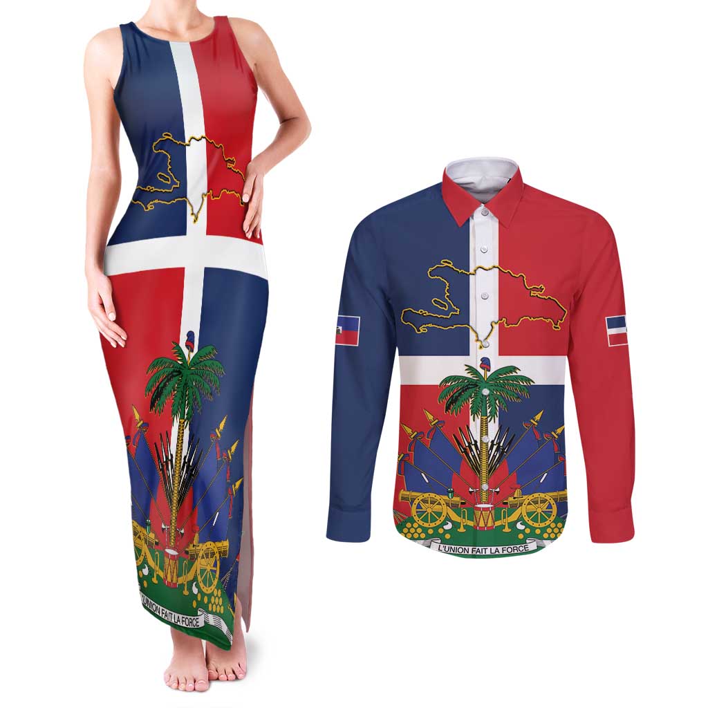 Hispaniola Map Couples Matching Tank Maxi Dress and Long Sleeve Button Shirt Dominican Republic Haiti Flag Together
