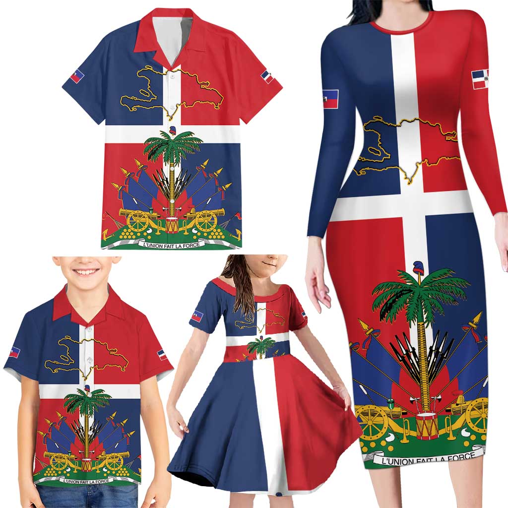Hispaniola Map Family Matching Long Sleeve Bodycon Dress and Hawaiian Shirt Dominican Republic Haiti Flag Together