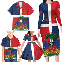 Hispaniola Map Family Matching Long Sleeve Bodycon Dress and Hawaiian Shirt Dominican Republic Haiti Flag Together
