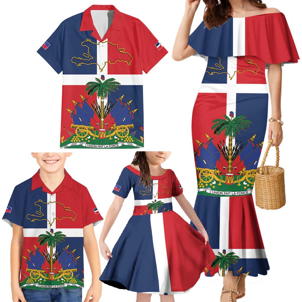 Hispaniola Map Family Matching Mermaid Dress and Hawaiian Shirt Dominican Republic Haiti Flag Together