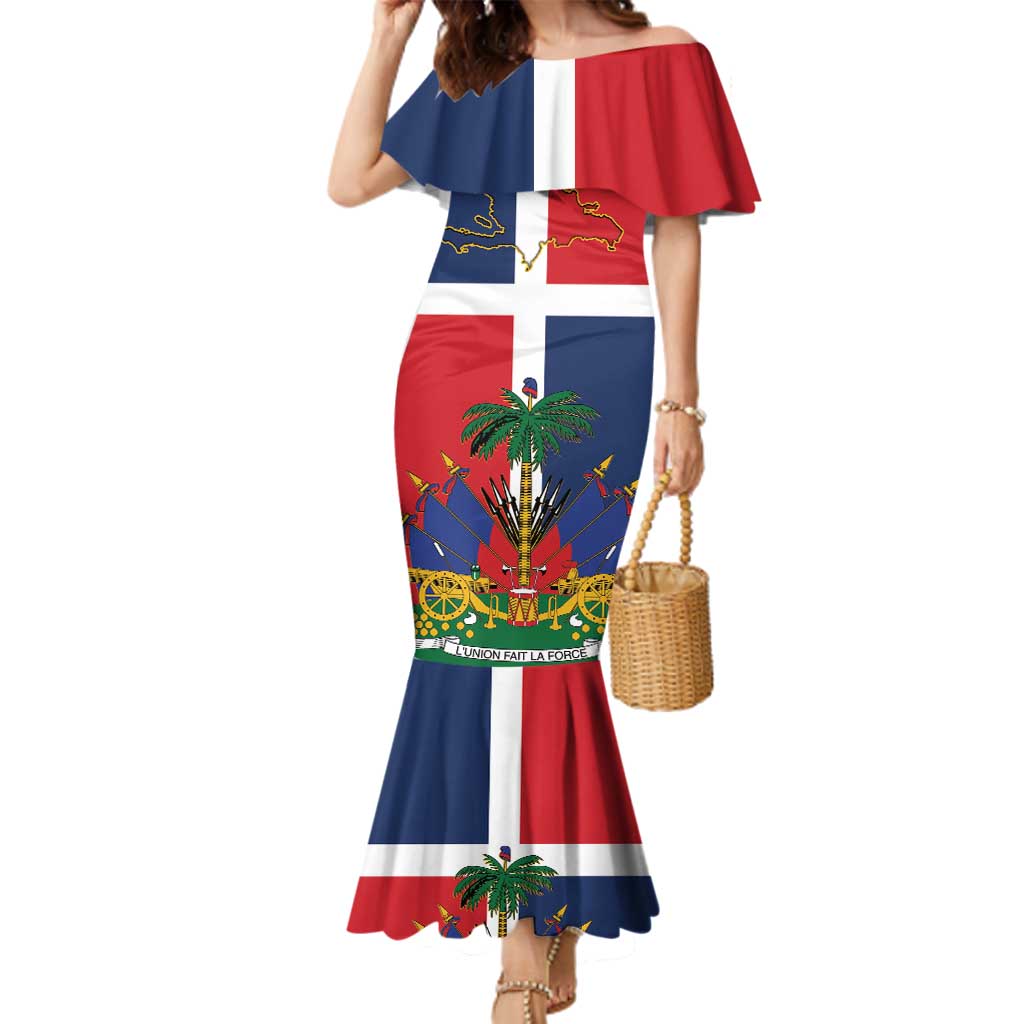 Hispaniola Map Family Matching Mermaid Dress and Hawaiian Shirt Dominican Republic Haiti Flag Together