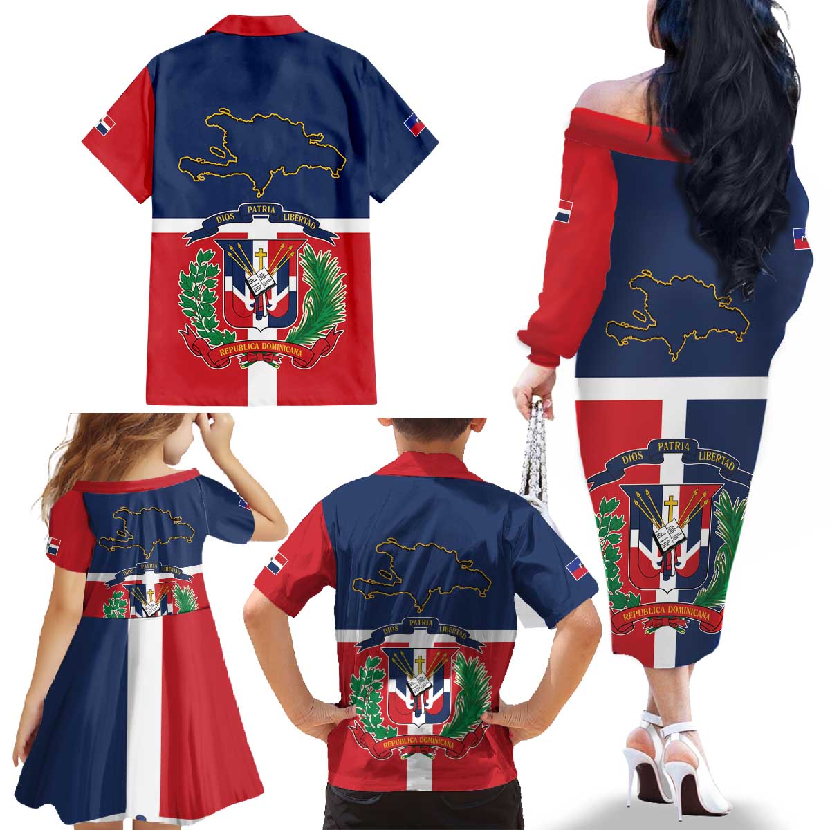 Hispaniola Map Family Matching Off The Shoulder Long Sleeve Dress and Hawaiian Shirt Dominican Republic Haiti Flag Together
