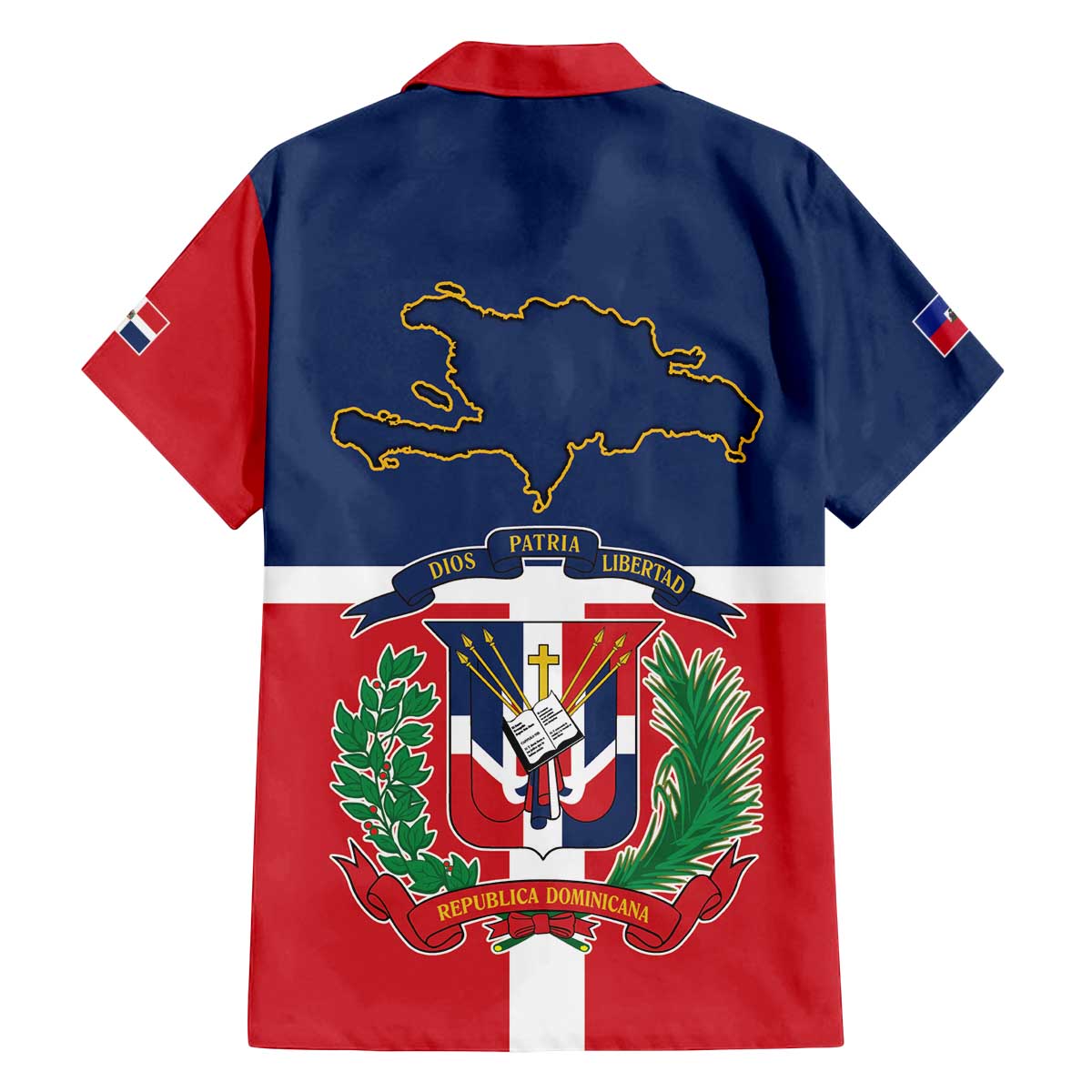 Hispaniola Map Family Matching Off The Shoulder Long Sleeve Dress and Hawaiian Shirt Dominican Republic Haiti Flag Together