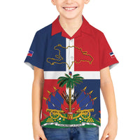 Hispaniola Map Family Matching Off The Shoulder Long Sleeve Dress and Hawaiian Shirt Dominican Republic Haiti Flag Together