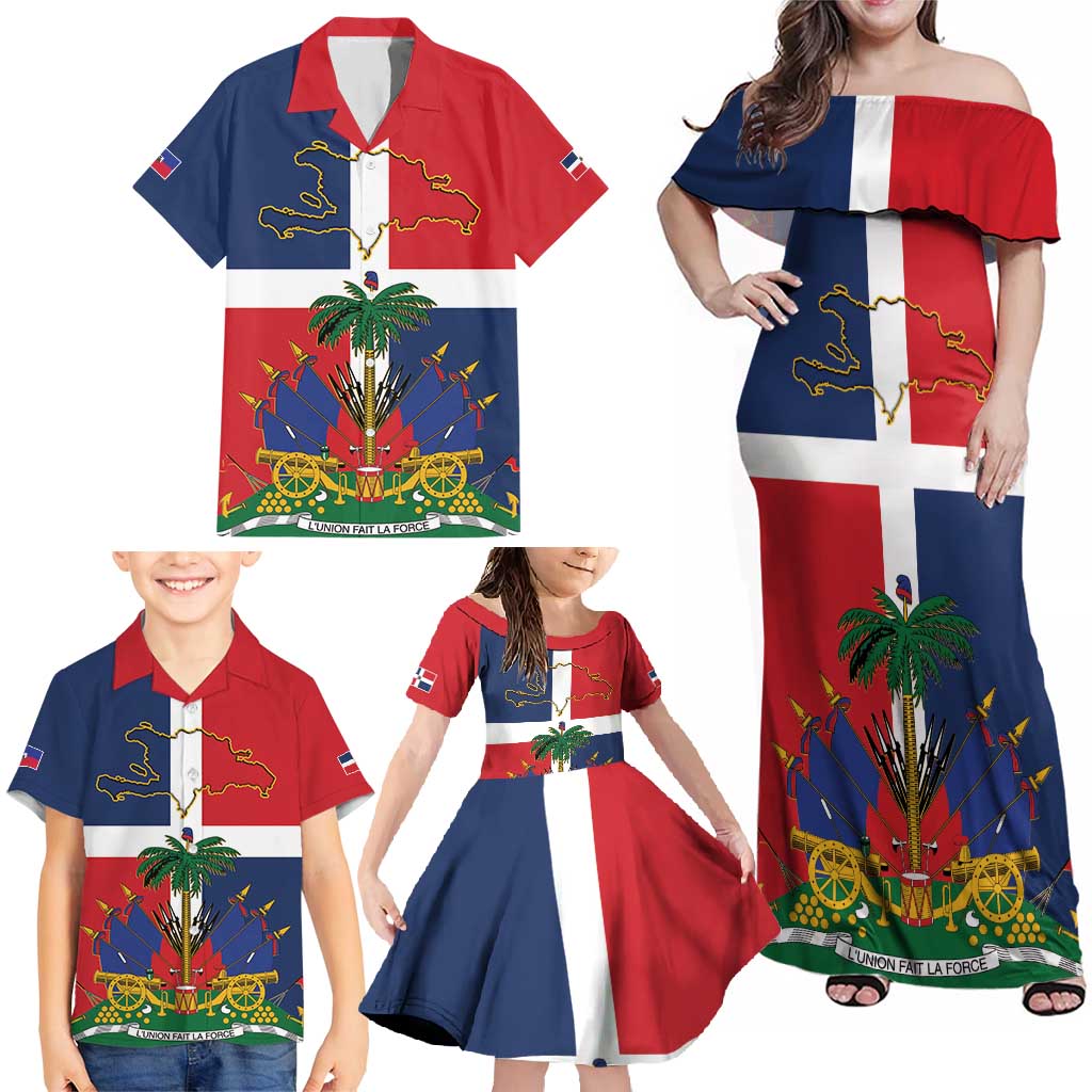 Hispaniola Map Family Matching Off Shoulder Maxi Dress and Hawaiian Shirt Dominican Republic Haiti Flag Together