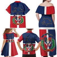 Hispaniola Map Family Matching Off Shoulder Maxi Dress and Hawaiian Shirt Dominican Republic Haiti Flag Together