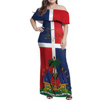 Hispaniola Map Family Matching Off Shoulder Maxi Dress and Hawaiian Shirt Dominican Republic Haiti Flag Together