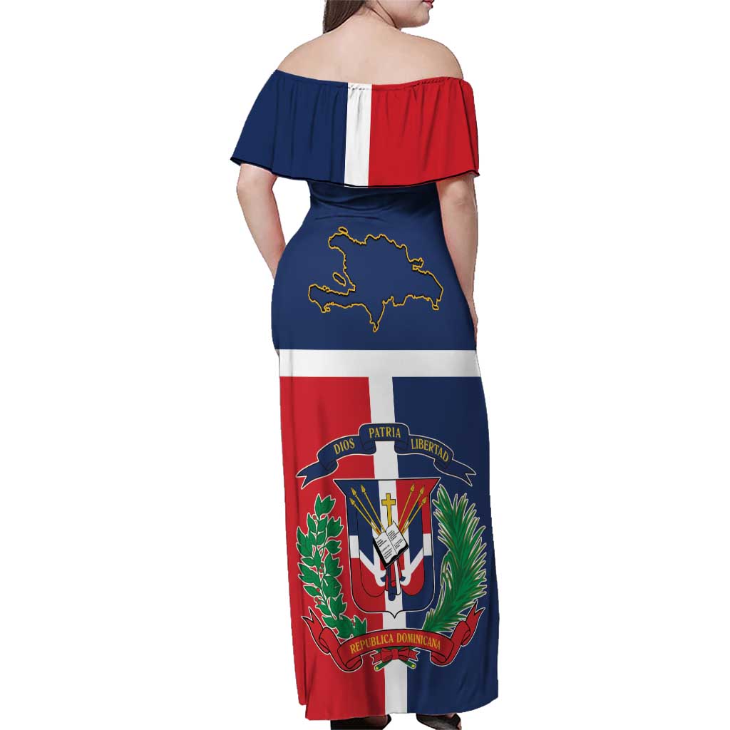 Hispaniola Map Family Matching Off Shoulder Maxi Dress and Hawaiian Shirt Dominican Republic Haiti Flag Together