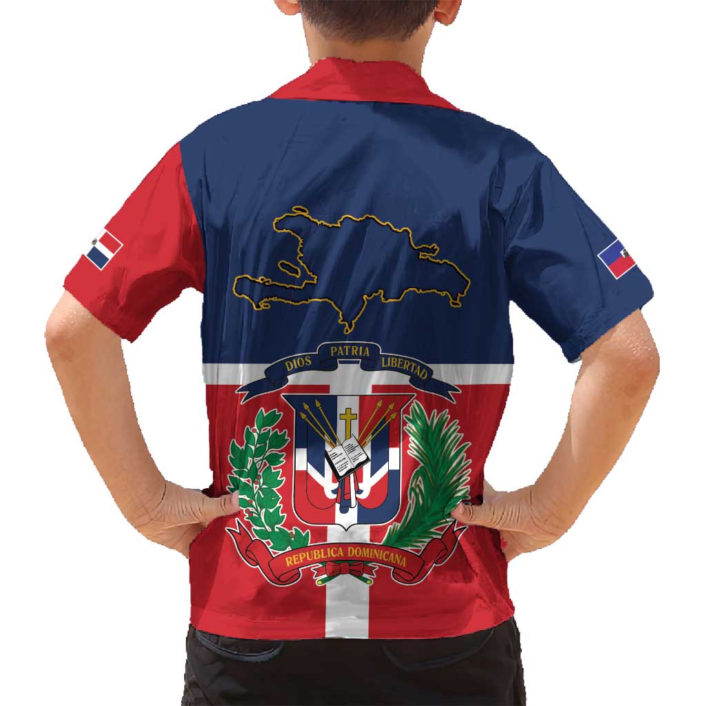 Hispaniola Map Family Matching Off Shoulder Short Dress and Hawaiian Shirt Dominican Republic Haiti Flag Together