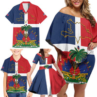 Hispaniola Map Family Matching Off Shoulder Short Dress and Hawaiian Shirt Dominican Republic Haiti Flag Together
