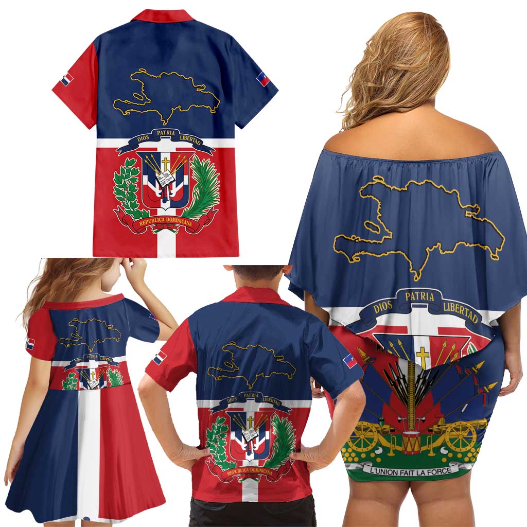 Hispaniola Map Family Matching Off Shoulder Short Dress and Hawaiian Shirt Dominican Republic Haiti Flag Together