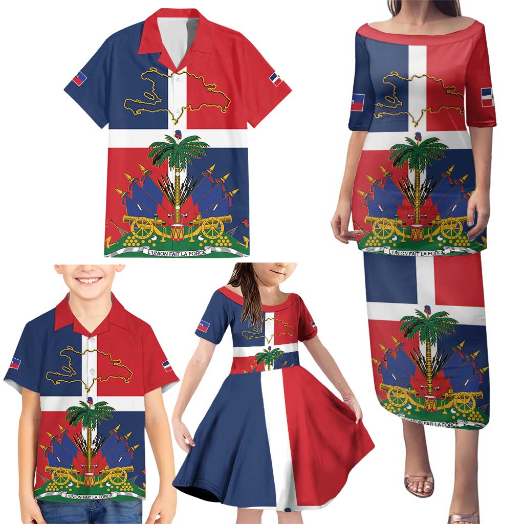 Hispaniola Map Family Matching Puletasi and Hawaiian Shirt Dominican Republic Haiti Flag Together