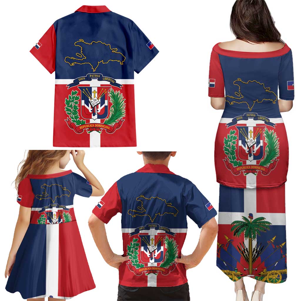 Hispaniola Map Family Matching Puletasi and Hawaiian Shirt Dominican Republic Haiti Flag Together