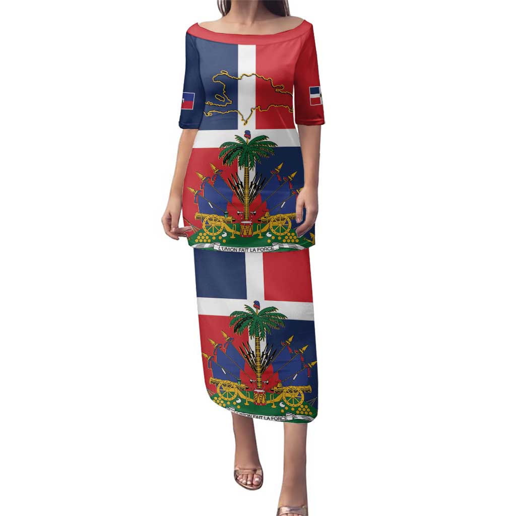 Hispaniola Map Family Matching Puletasi and Hawaiian Shirt Dominican Republic Haiti Flag Together
