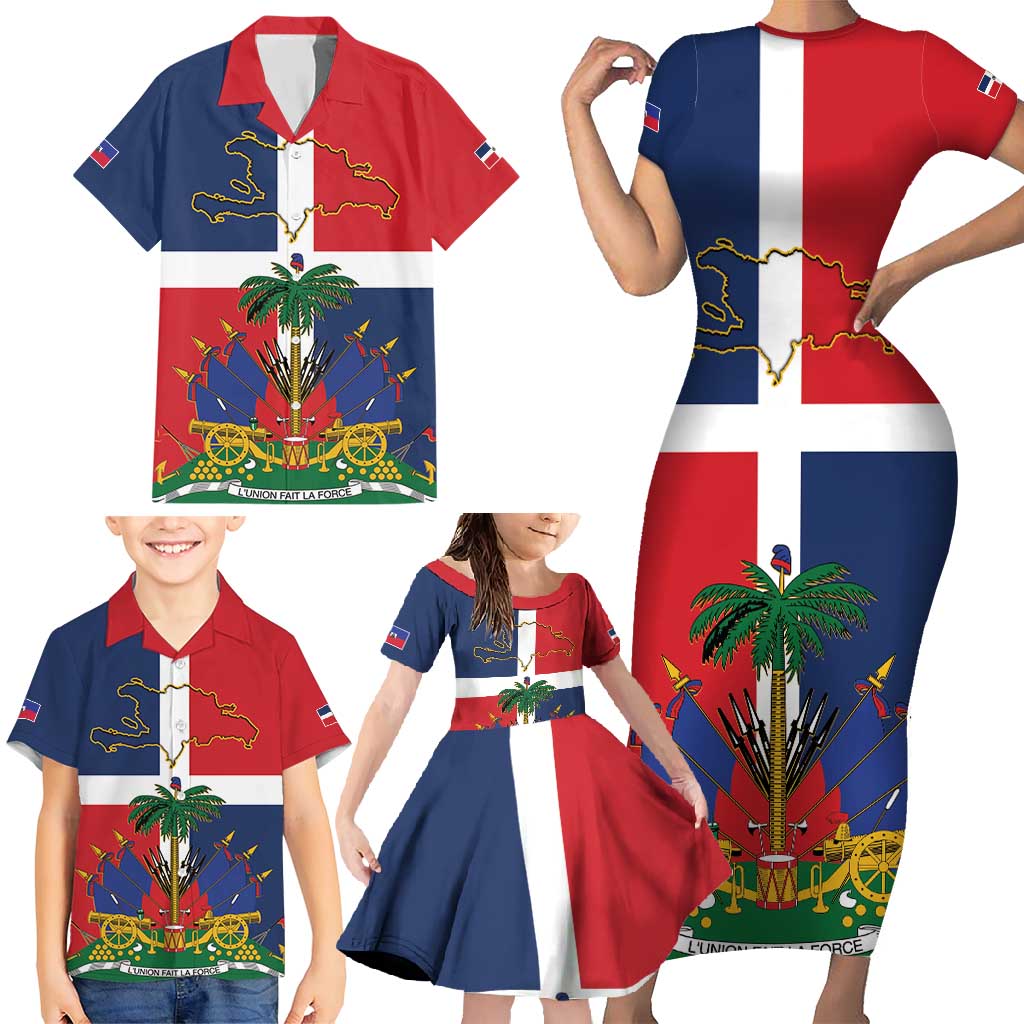 Hispaniola Map Family Matching Short Sleeve Bodycon Dress and Hawaiian Shirt Dominican Republic Haiti Flag Together