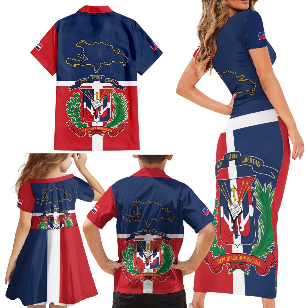 Hispaniola Map Family Matching Short Sleeve Bodycon Dress and Hawaiian Shirt Dominican Republic Haiti Flag Together