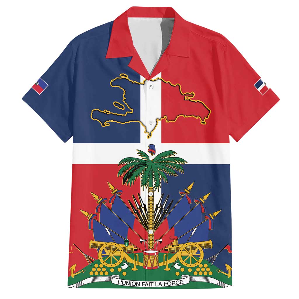 Hispaniola Map Family Matching Short Sleeve Bodycon Dress and Hawaiian Shirt Dominican Republic Haiti Flag Together