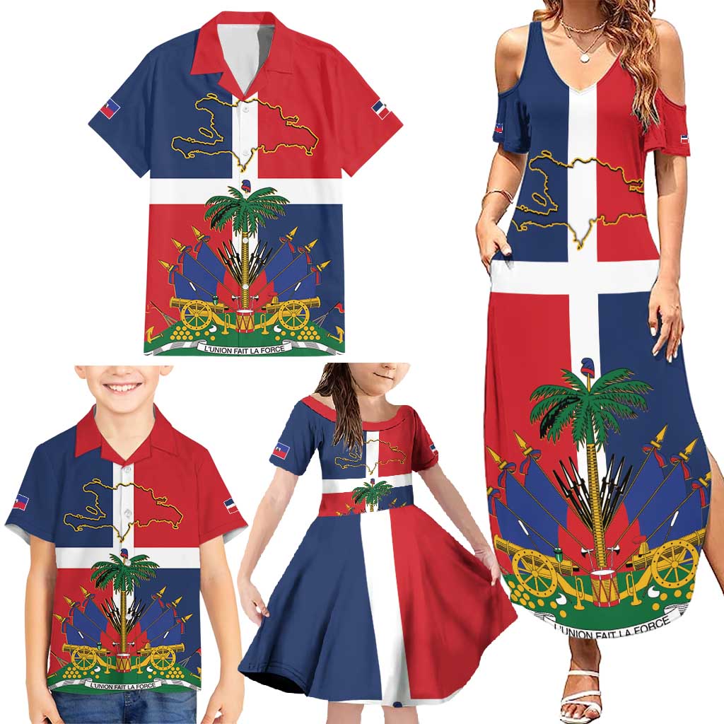 Hispaniola Map Family Matching Summer Maxi Dress and Hawaiian Shirt Dominican Republic Haiti Flag Together