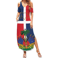 Hispaniola Map Family Matching Summer Maxi Dress and Hawaiian Shirt Dominican Republic Haiti Flag Together