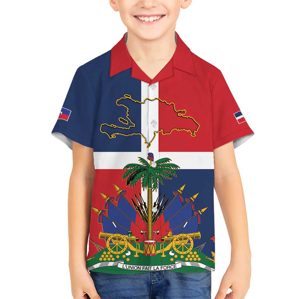 Hispaniola Map Family Matching Summer Maxi Dress and Hawaiian Shirt Dominican Republic Haiti Flag Together