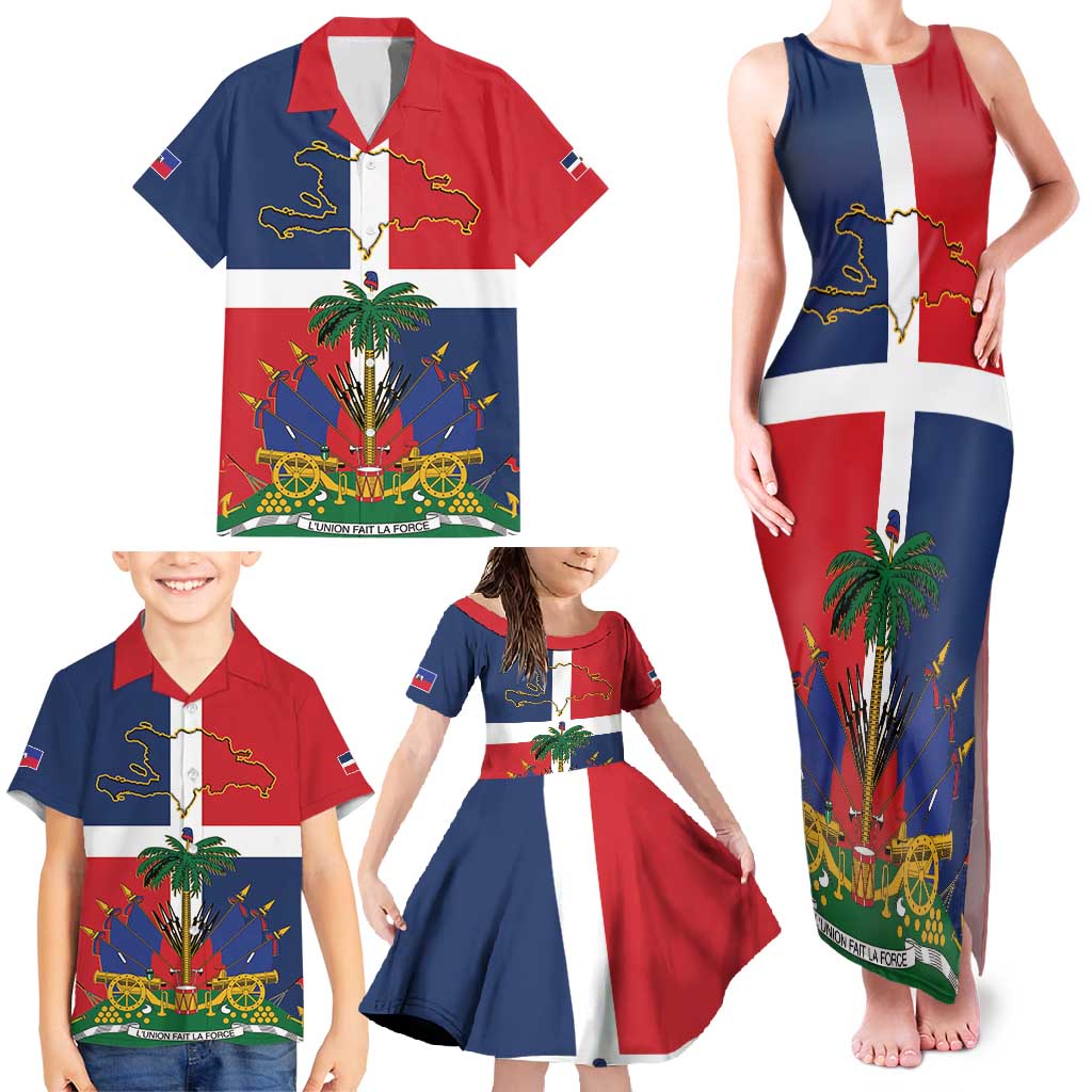 Hispaniola Map Family Matching Tank Maxi Dress and Hawaiian Shirt Dominican Republic Haiti Flag Together