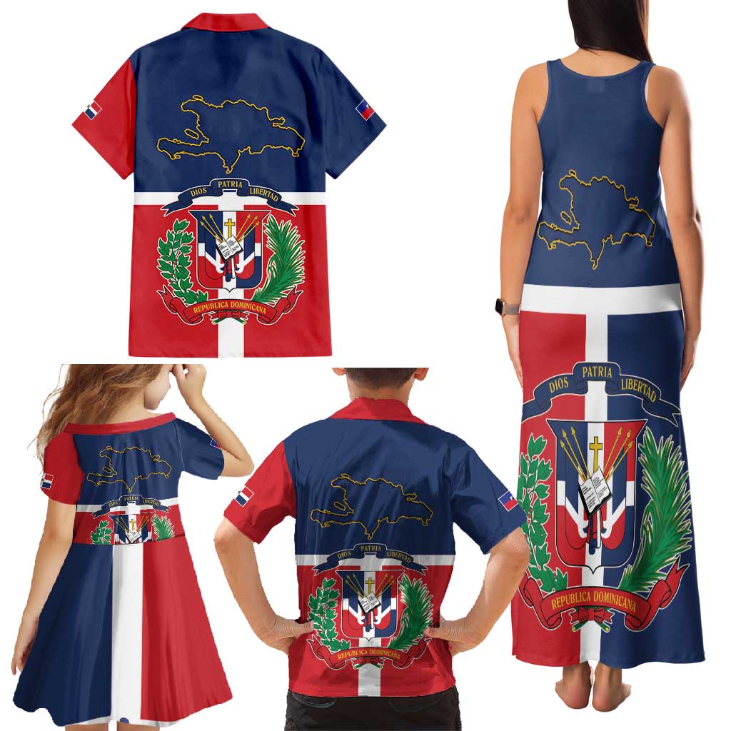 Hispaniola Map Family Matching Tank Maxi Dress and Hawaiian Shirt Dominican Republic Haiti Flag Together