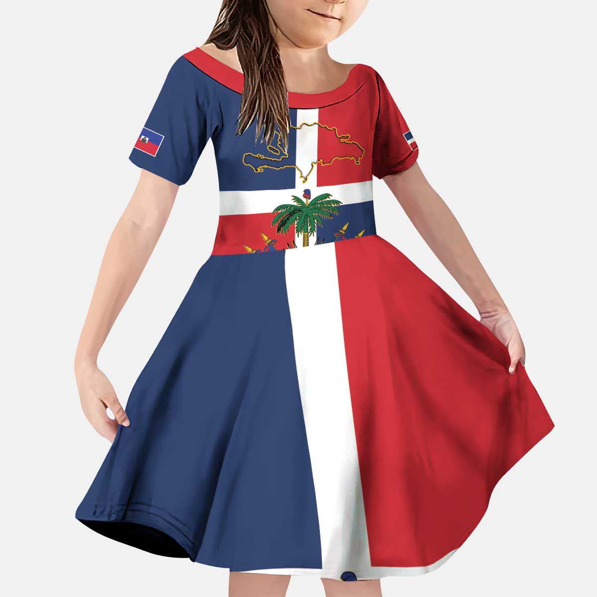 Hispaniola Map Kid Short Sleeve Dress Dominican Republic Haiti Flag Together