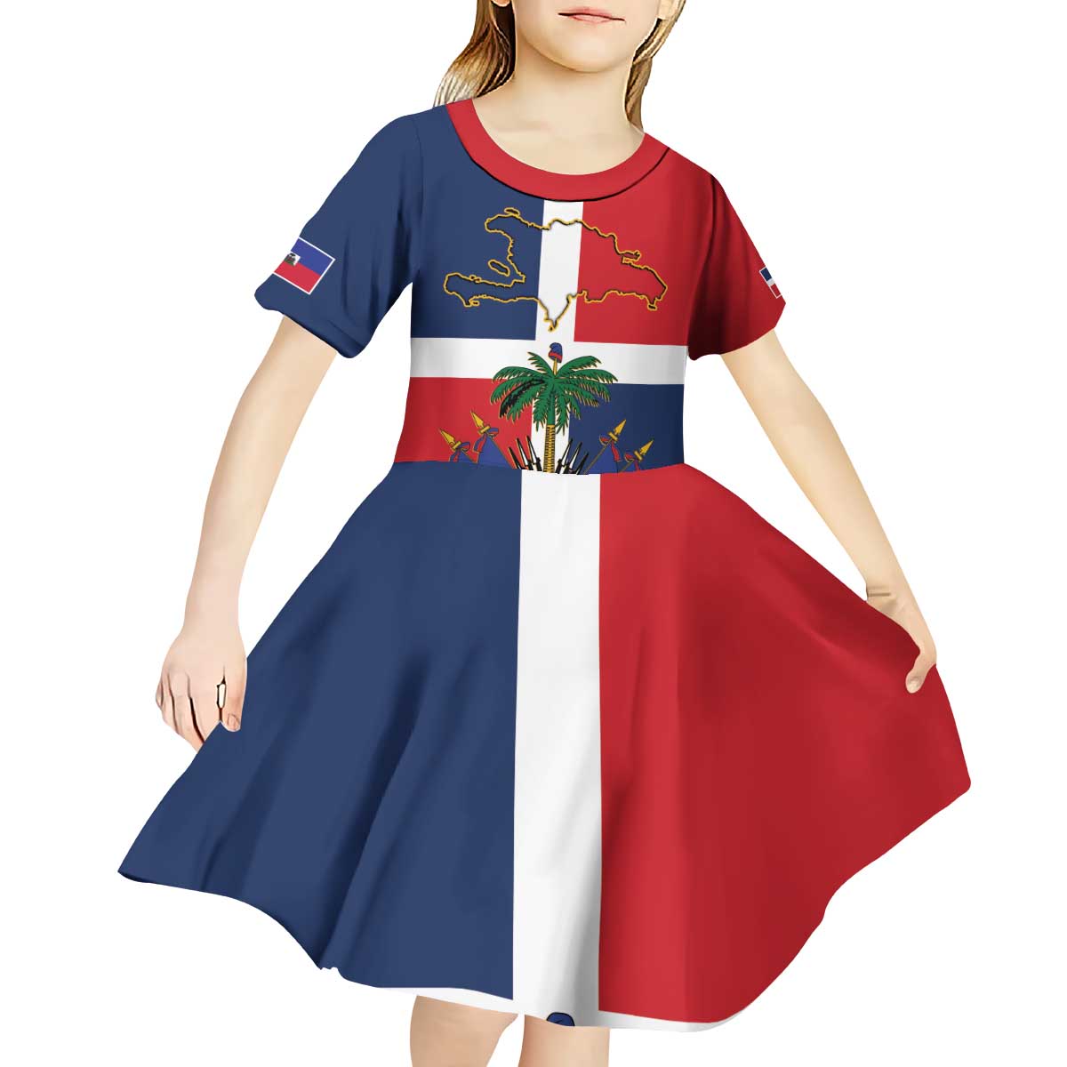 Hispaniola Map Kid Short Sleeve Dress Dominican Republic Haiti Flag Together