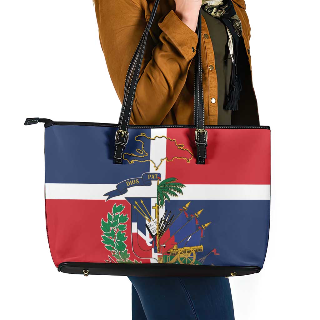 Hispaniola Map Leather Tote Bag Dominican Republic Haiti Flag Together