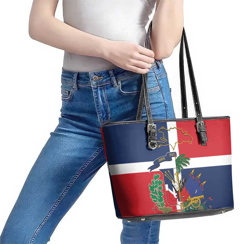 Hispaniola Map Leather Tote Bag Dominican Republic Haiti Flag Together