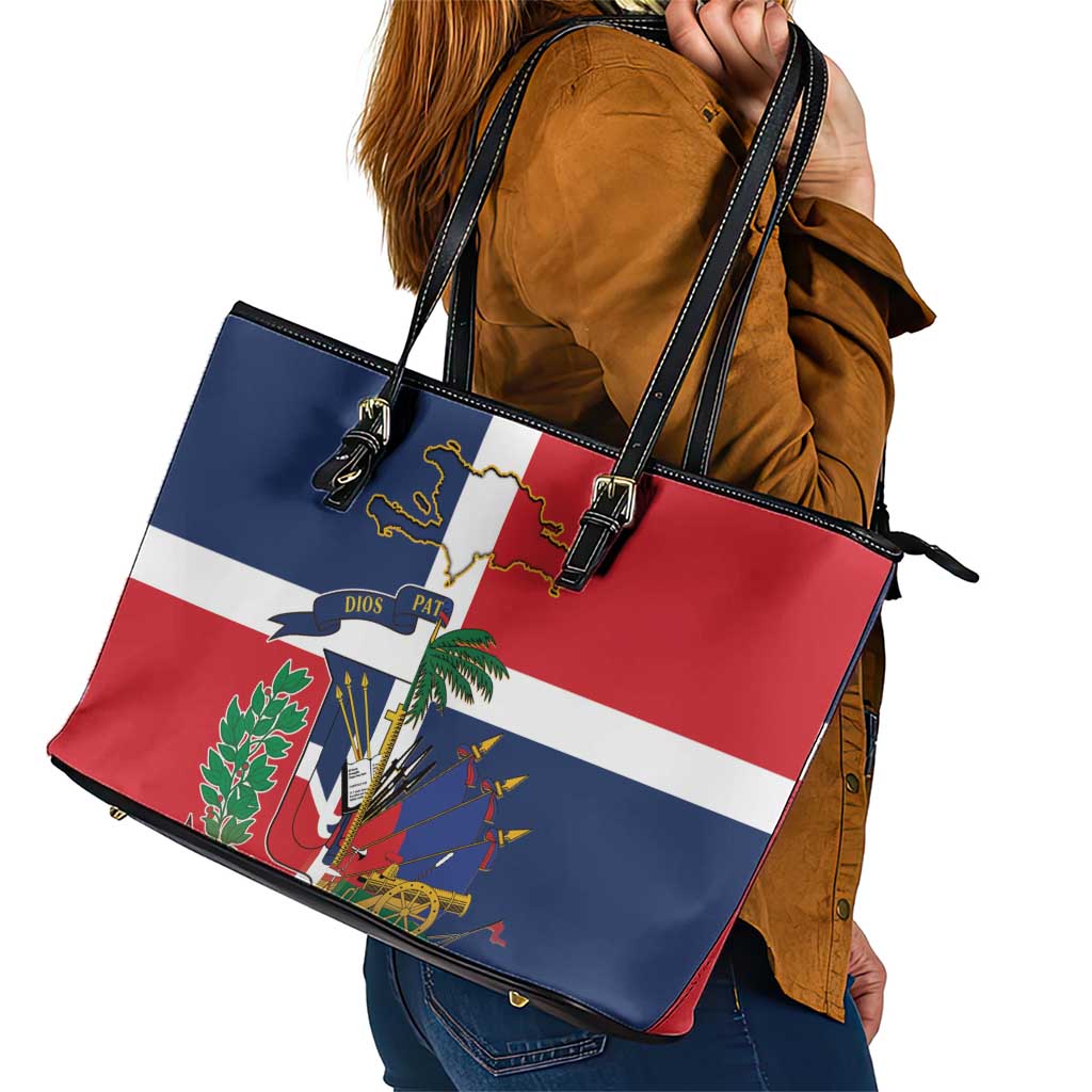 Hispaniola Map Leather Tote Bag Dominican Republic Haiti Flag Together