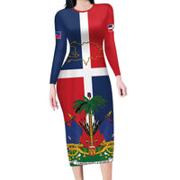Hispaniola Map Long Sleeve Bodycon Dress Dominican Republic Haiti Flag Together