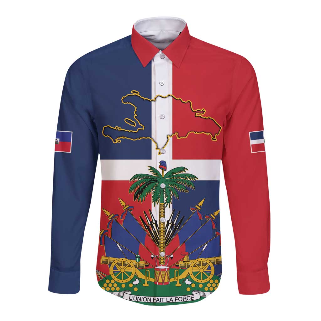 Hispaniola Map Long Sleeve Button Shirt Dominican Republic Haiti Flag Together