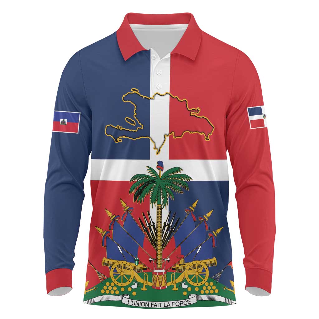 Hispaniola Map Long Sleeve Polo Shirt Dominican Republic Haiti Flag Together