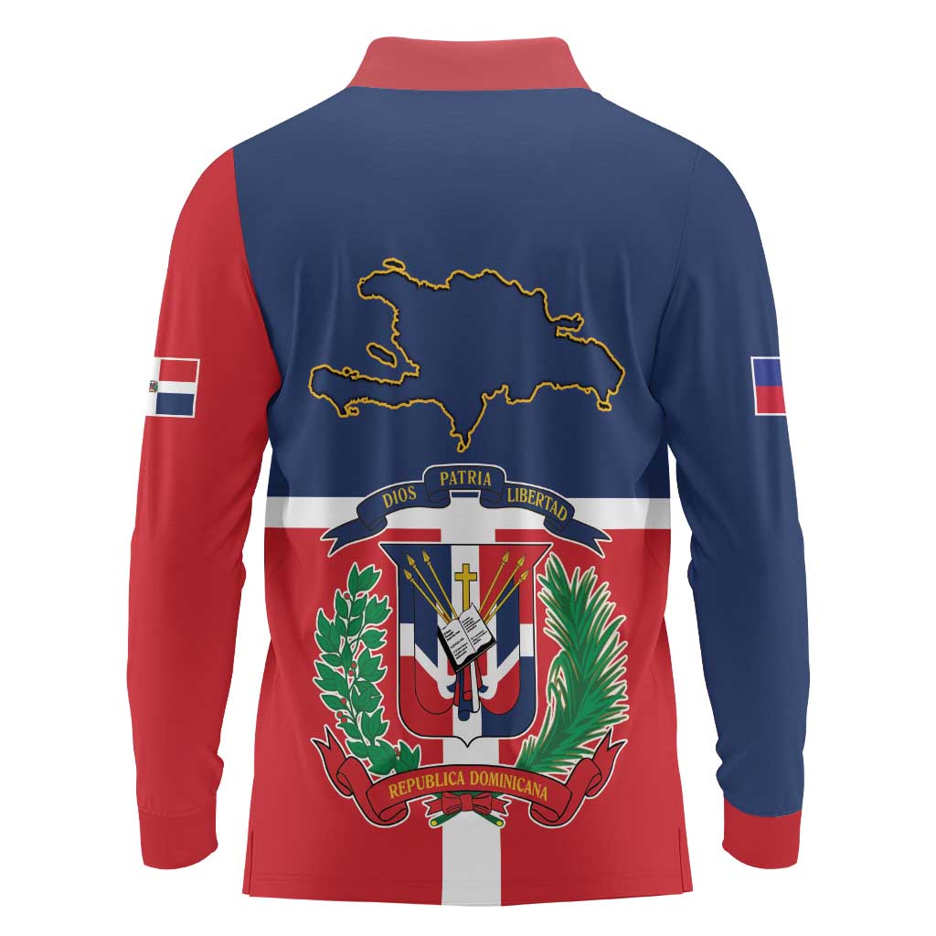 Hispaniola Map Long Sleeve Polo Shirt Dominican Republic Haiti Flag Together