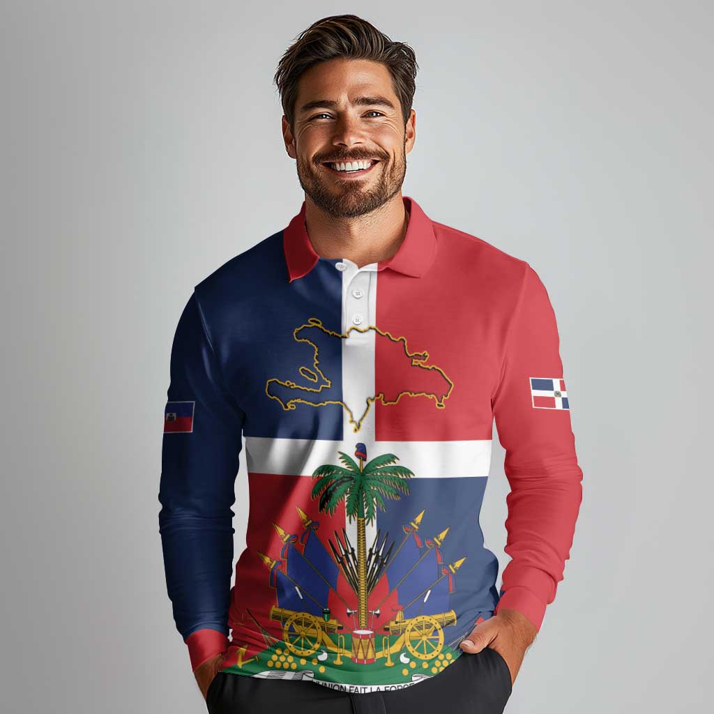 Hispaniola Map Long Sleeve Polo Shirt Dominican Republic Haiti Flag Together