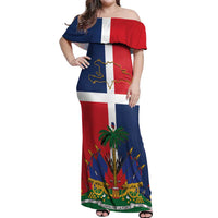 Hispaniola Map Off Shoulder Maxi Dress Dominican Republic Haiti Flag Together