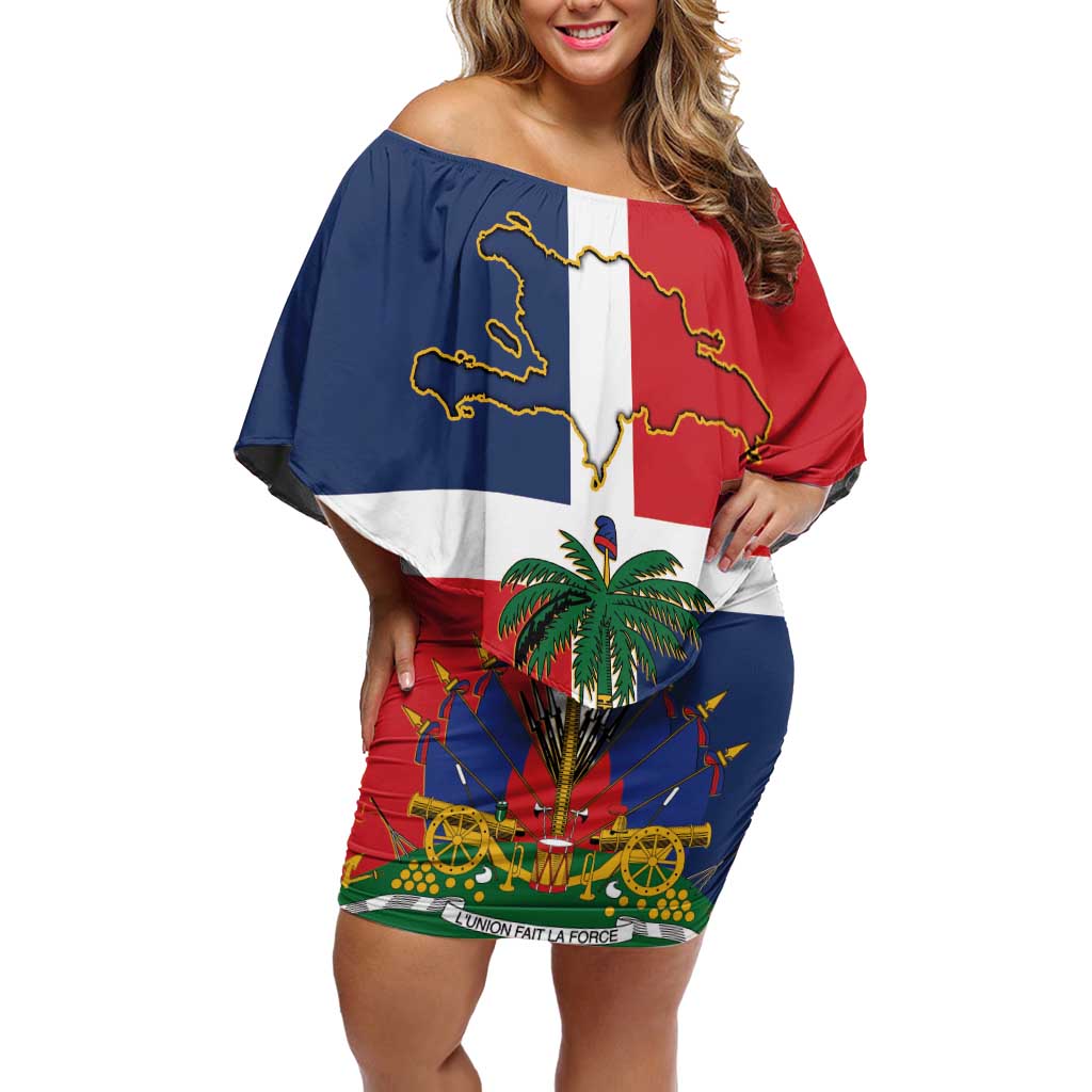 Hispaniola Map Off Shoulder Short Dress Dominican Republic Haiti Flag Together