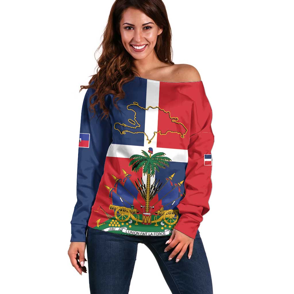 Hispaniola Map Off Shoulder Sweater Dominican Republic Haiti Flag Together