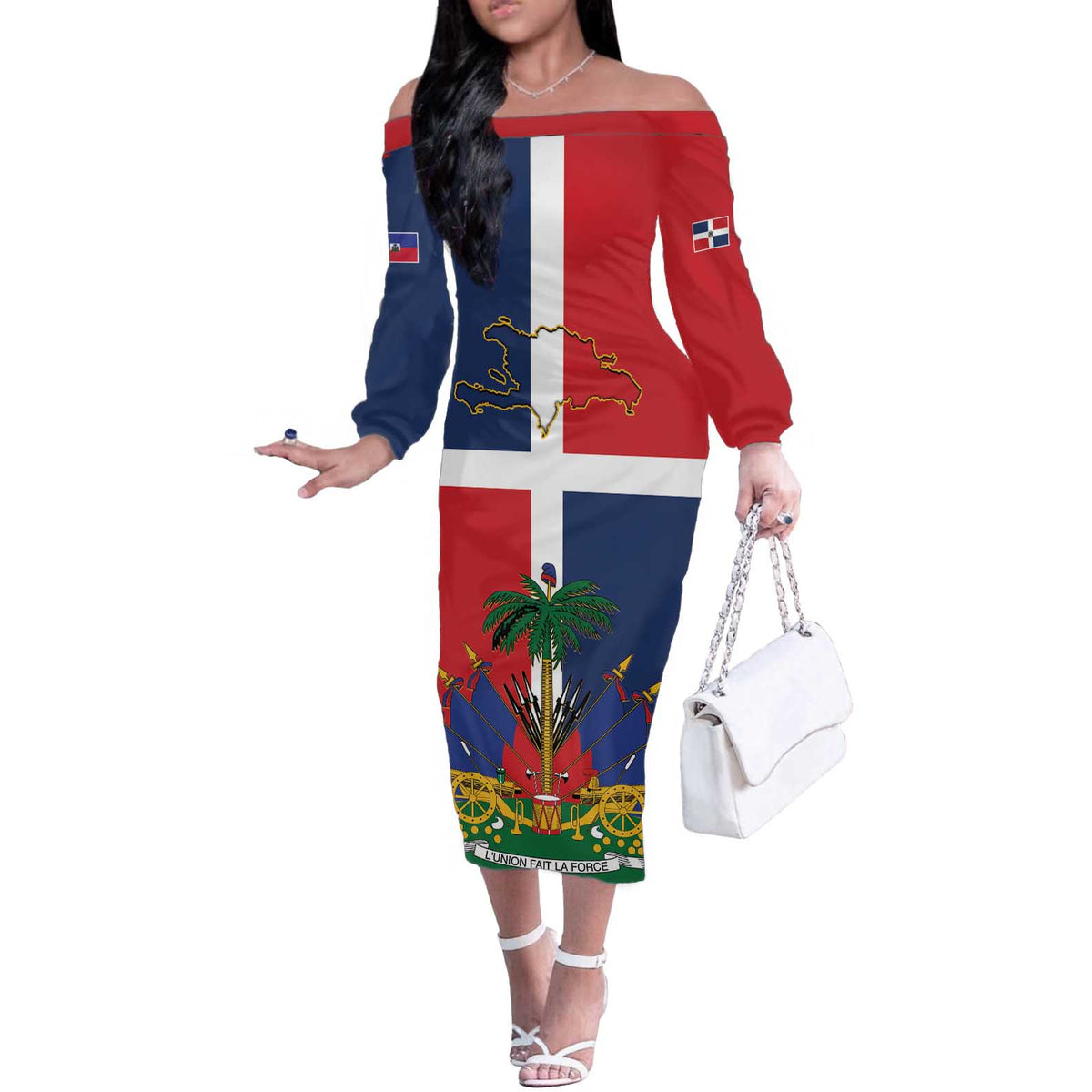 Hispaniola Map Off The Shoulder Long Sleeve Dress Dominican Republic Haiti Flag Together