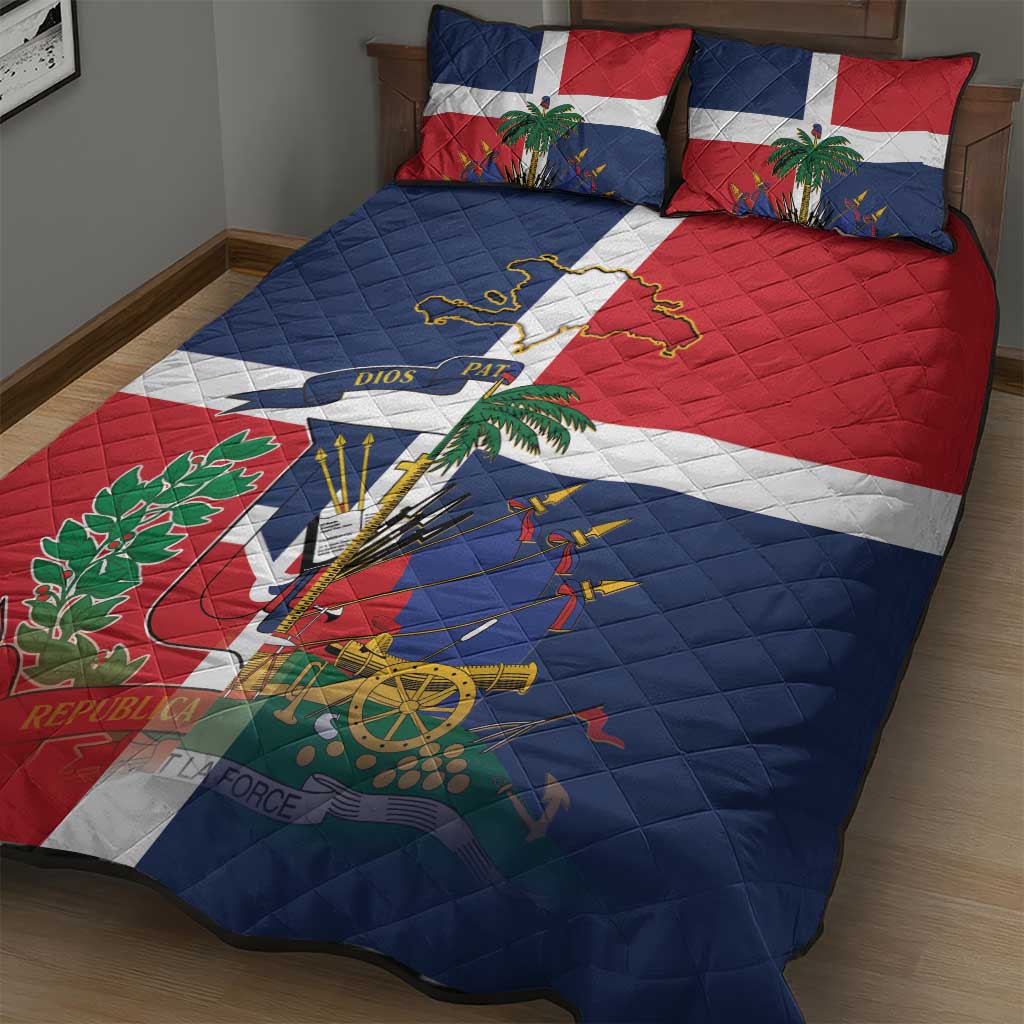 Hispaniola Map Quilt Bed Set Dominican Republic Haiti Flag Together