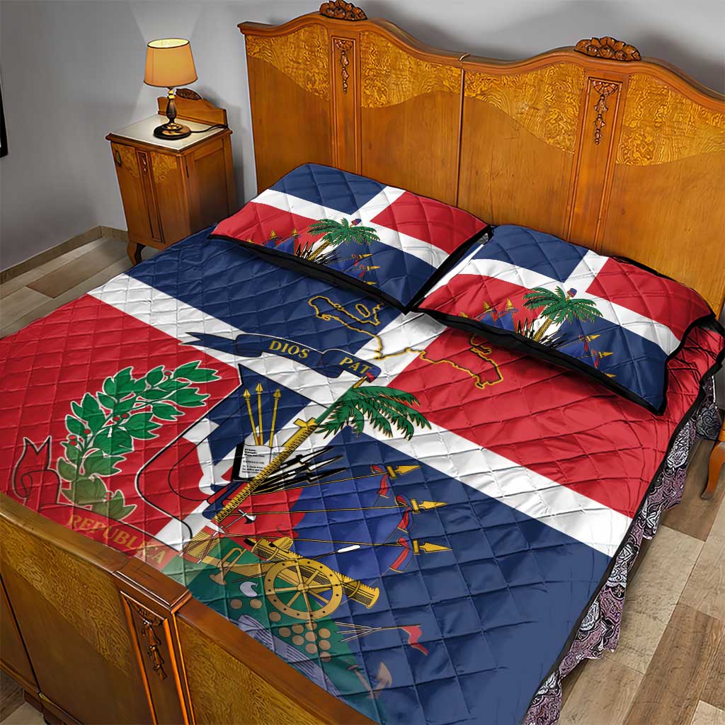 Hispaniola Map Quilt Bed Set Dominican Republic Haiti Flag Together