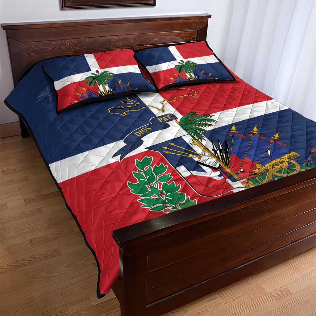 Hispaniola Map Quilt Bed Set Dominican Republic Haiti Flag Together