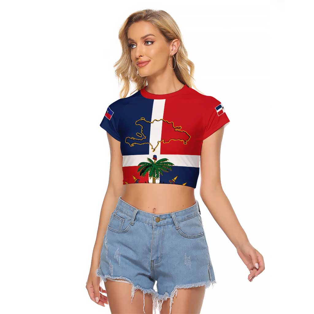 Hispaniola Map Raglan Cropped T Shirt Dominican Republic Haiti Flag Together