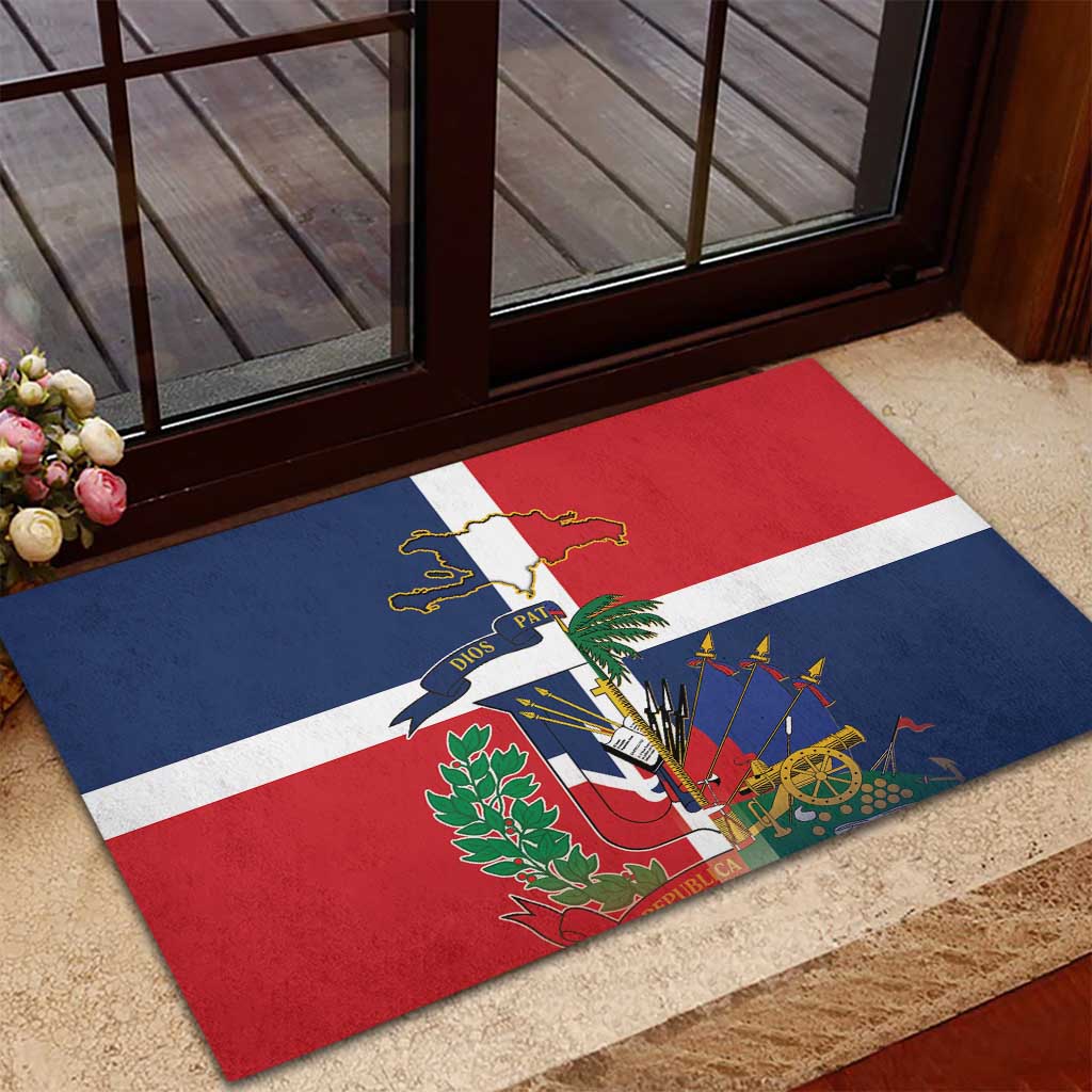 Hispaniola Map Rubber Doormat Dominican Republic Haiti Flag Together